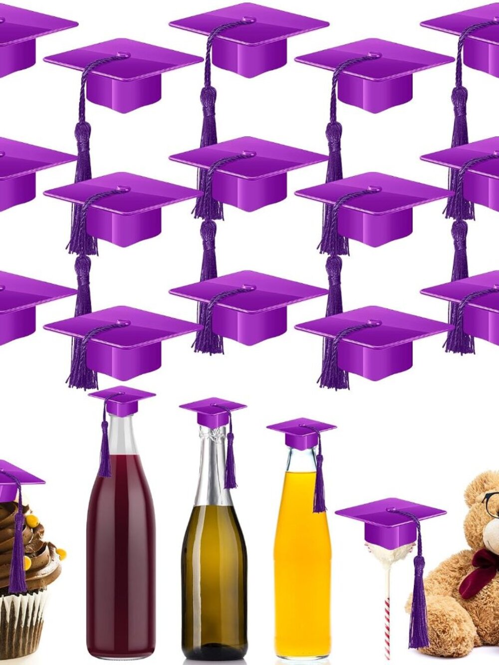 30 Pieces Mini Graduation Cap Purple Hats with Purple Tassels Plastic Grad Cake